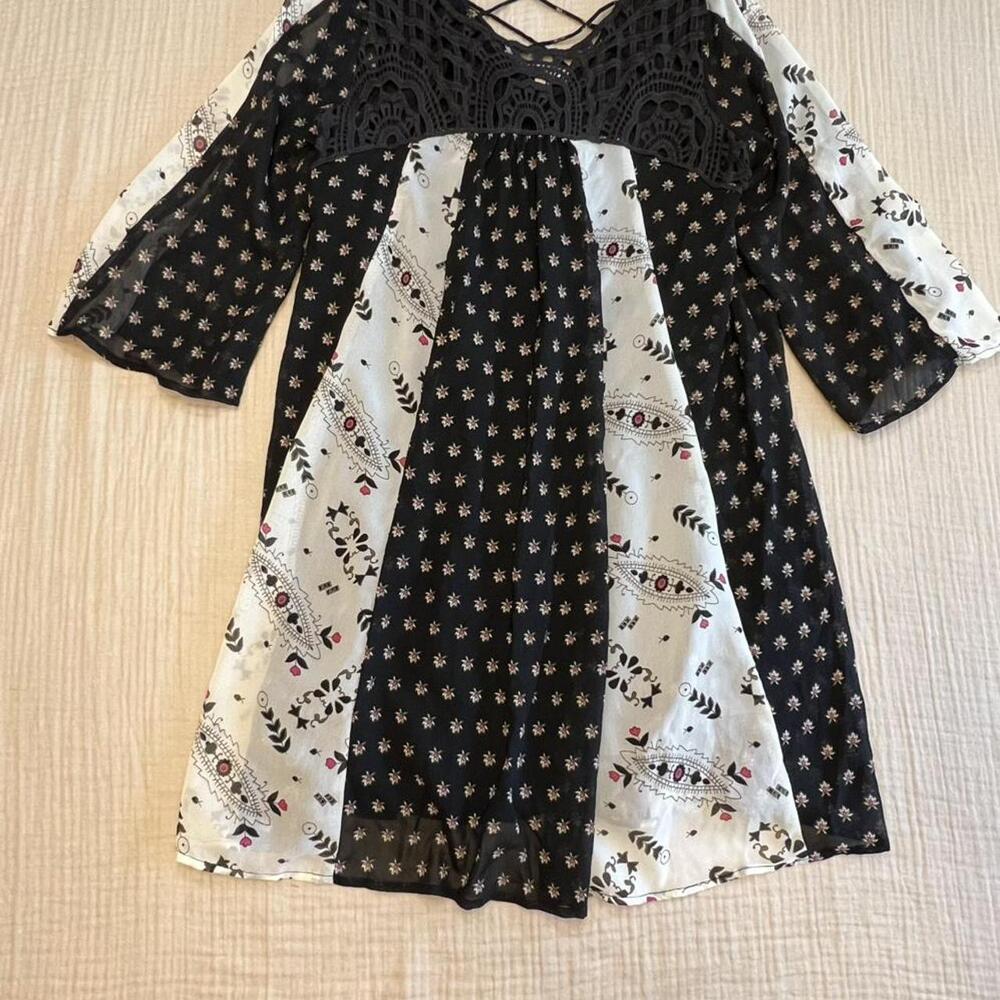 Japna boho crochet mixed media dress/tunic featuring a black and white patchwork